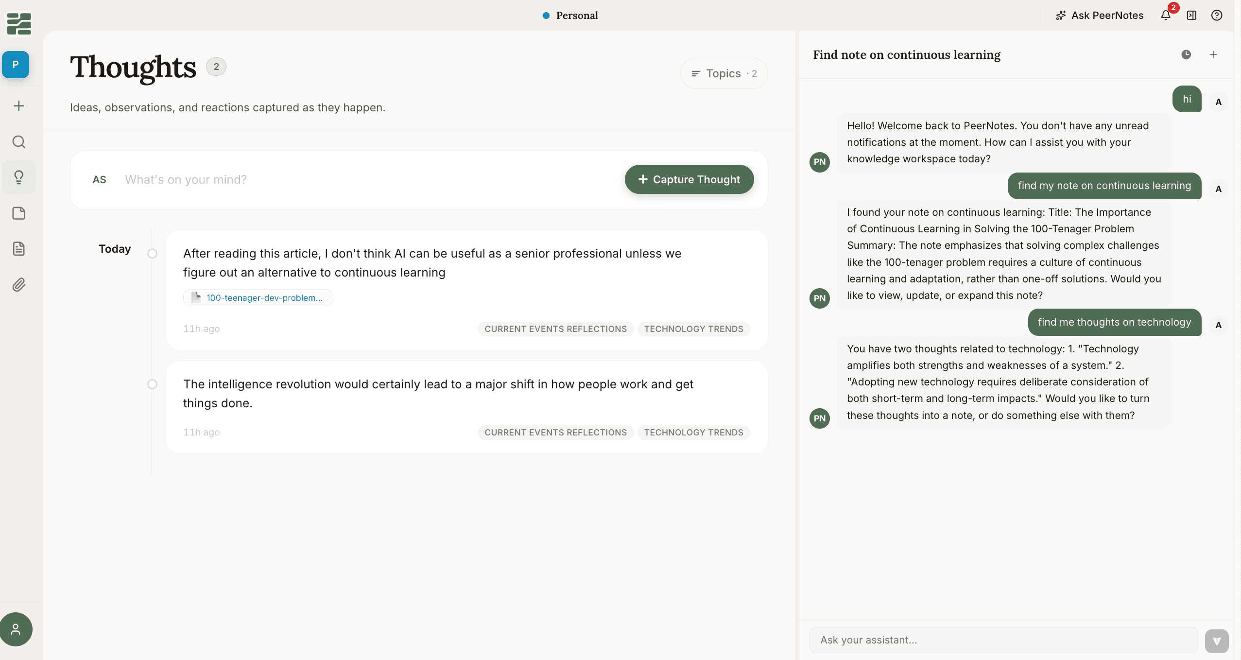 PeerNotes desktop app showing a team capturing, developing, and sharing ideas with the web clipper, dictation, and AI