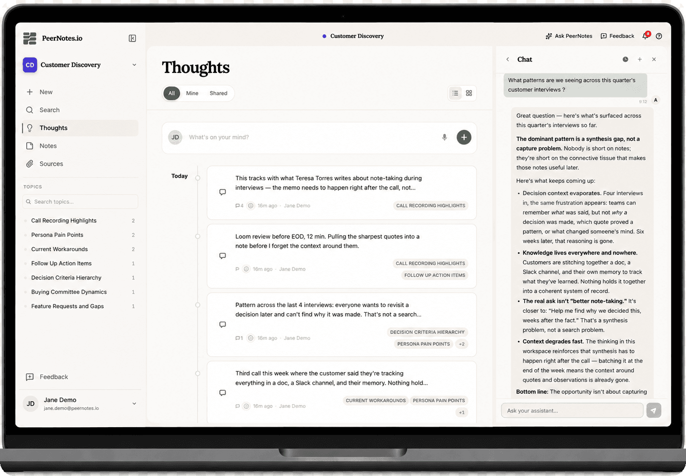 The PeerNotes workspace — a team's Thoughts feed alongside the AI assistant panel, synthesizing patterns across customer interviews